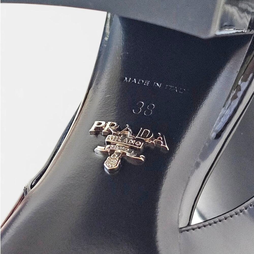 Prada Vernice Black Patent Leather Slingback Block Heel Pumps Triangle Logo 38 - Picture 10 of 11